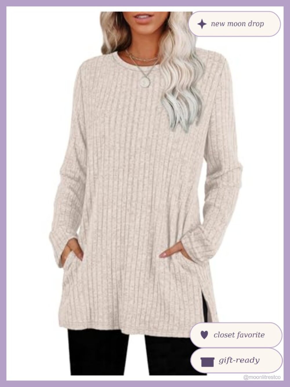 Womens Tunic Sweater Long Sleeve Crewneck Side Slit Pullover with Pockets
